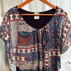 Women's Blue Summer Floral Poncho Swoop Shirt (Petite M)